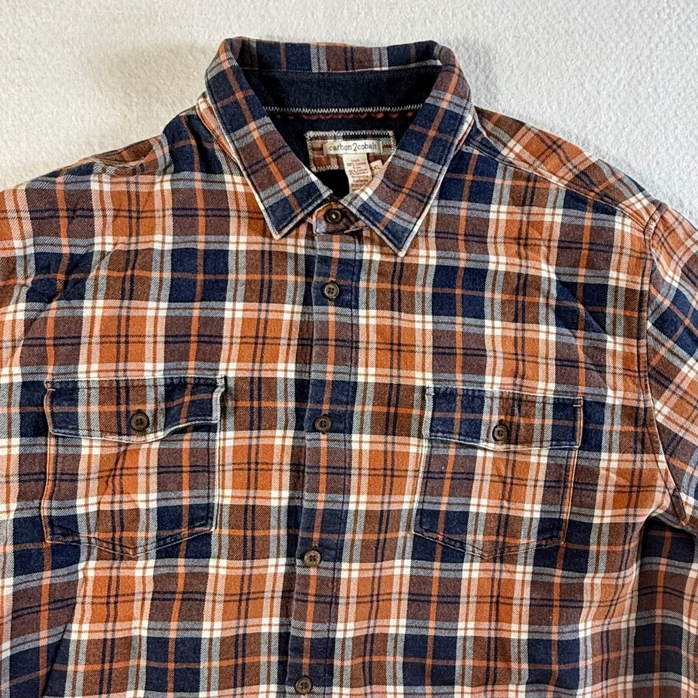 Carbon 2 Cobalt Flannel Shirt Mens XXL Plaid Long Sleeve Orange Navy